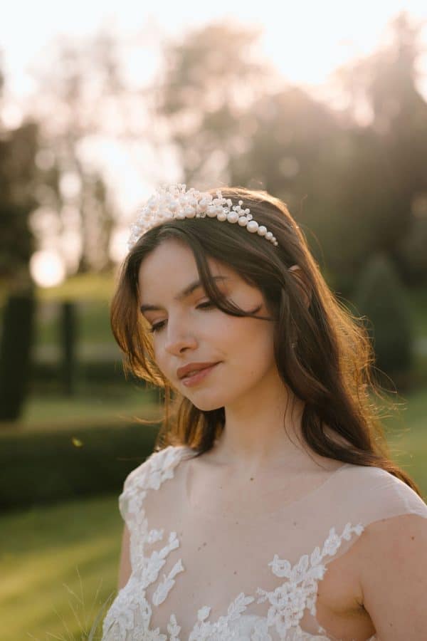 Soft white pearl and crystal cluster bridal tiara wedding hair accessories