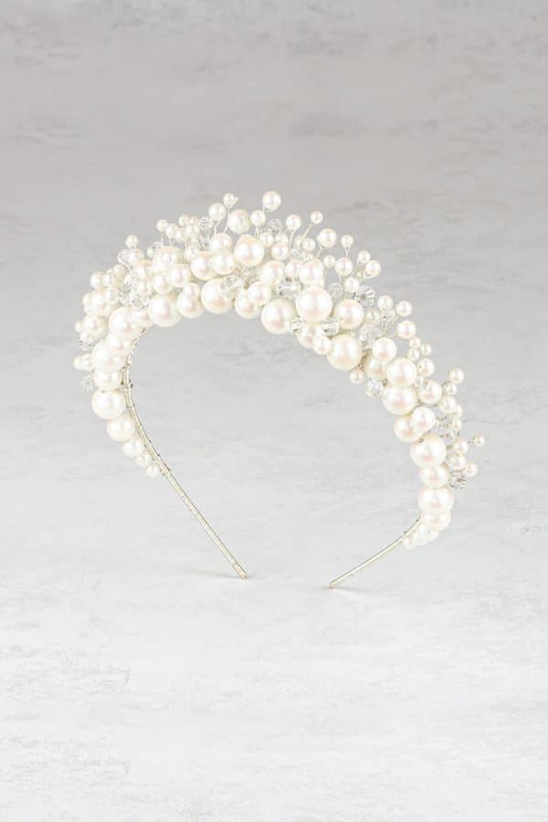 Soft white pearl and crystal cluster bridal tiara wedding hair accessories