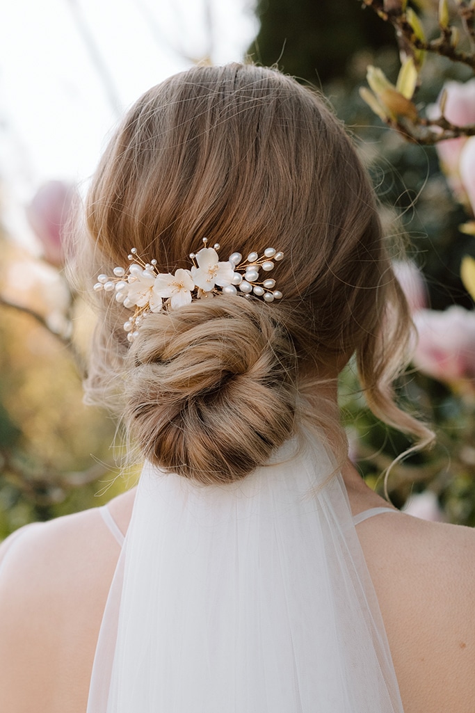 Ivory clay flower bridal comb with pearl branches luxury wedding hair accessories