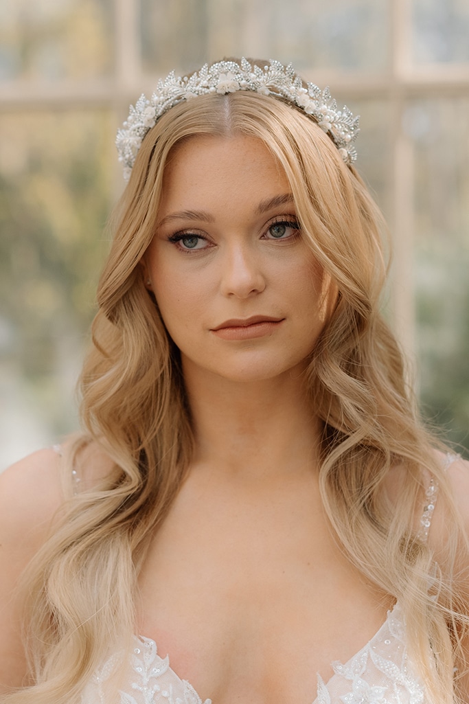 Silver sparkly jewelled bridal leaves and flowers wedding tiara crown