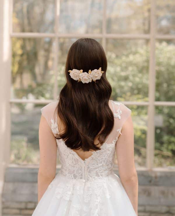 Large ivory rose and gold leaf statement bridal hairpiece luxury wedding hair accessories