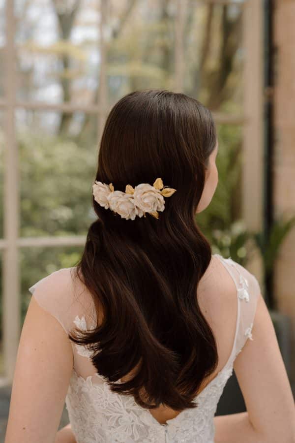 Large ivory rose and gold leaf statement bridal hairpiece luxury wedding hair accessories