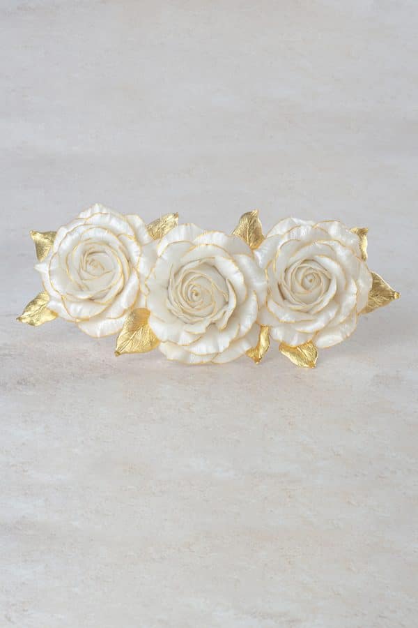 Large ivory rose and gold leaf statement bridal hairpiece luxury wedding hair accessories