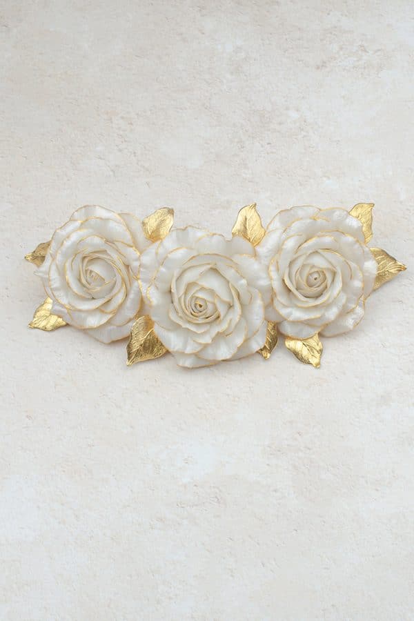 Large ivory rose and gold leaf statement bridal hairpiece luxury wedding hair accessories