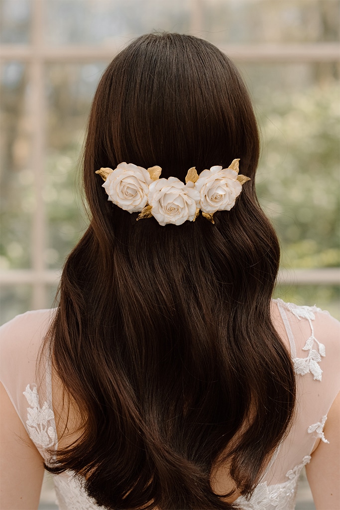 Large ivory rose and gold leaf statement bridal hairpiece luxury wedding hair accessories